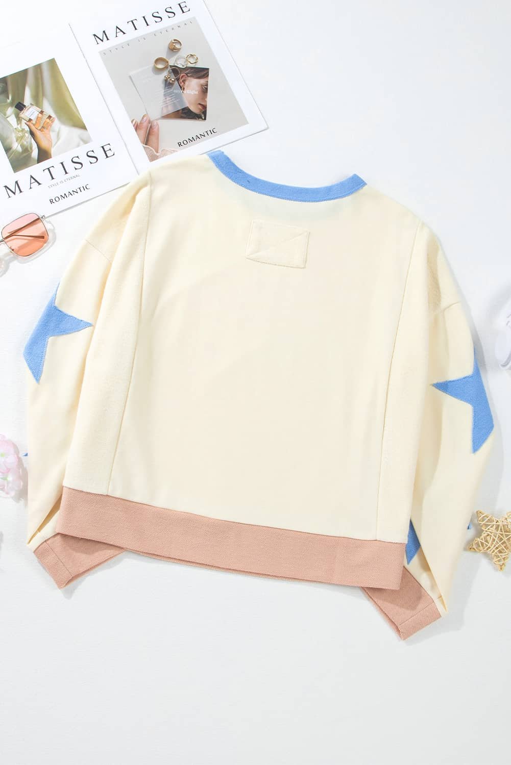 Beige Number 17 Printed Stars Patched Sleeve Cropped Sweatshirt