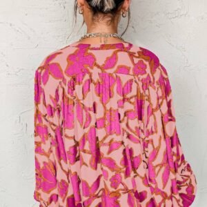 Pink Floral Print Batwing Sleeve Buttoned Loose Fit Shirt