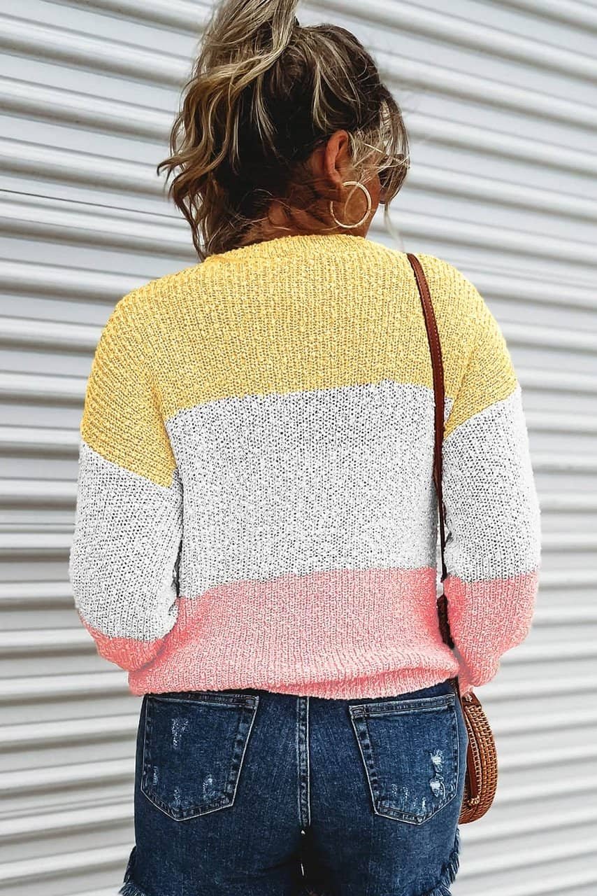 Yellow Colorblock Bubble Sleeve Plus Size Sweater