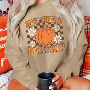 Khaki Floral Checkered Pumpkin Graphic Drop Shoulder Thanksgiving Sweatshirt