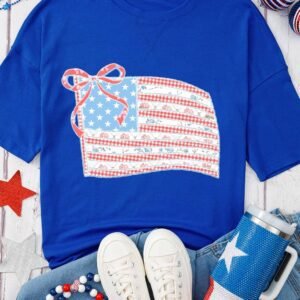 Dark Blue Bowknot Floral American Flag Print Side Slit 4Th July T Shirt