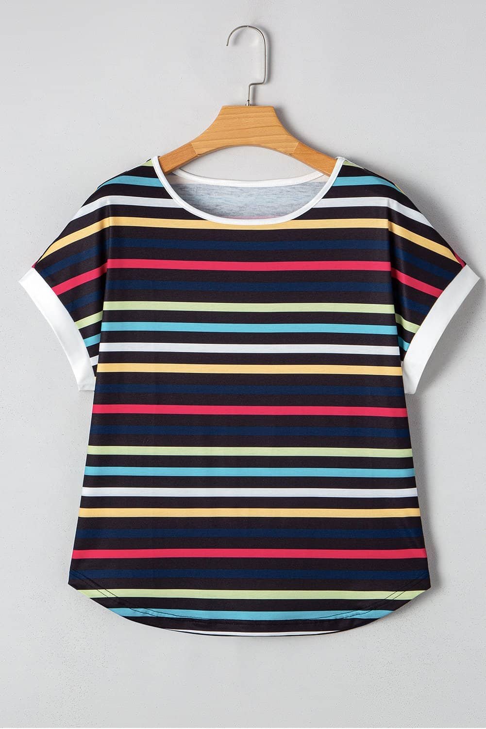 Black Stripe Multicolor Contrast Edge Crew Neck T Shirt