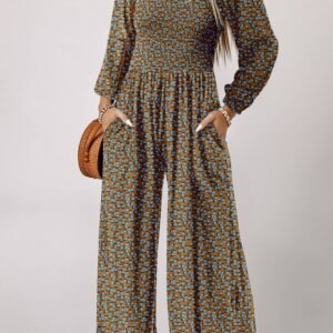 Brown Floral Print Western Smocked Bodice Square Neck Wide Leg Jumpsuit