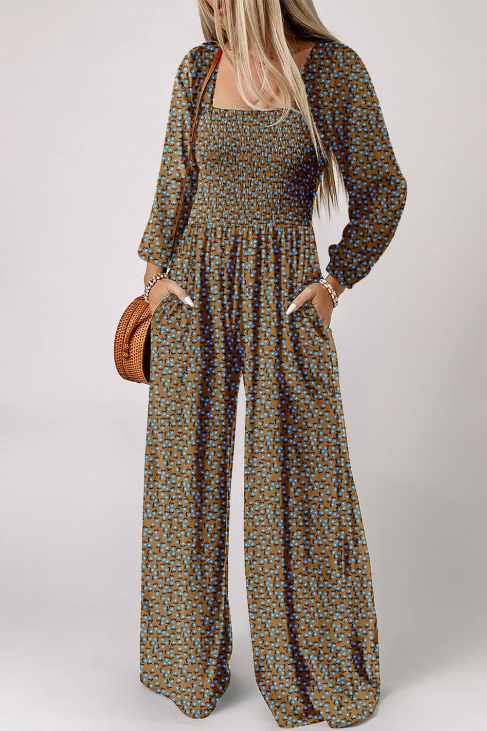 Brown Floral Print Western Smocked Bodice Square Neck Wide Leg Jumpsuit