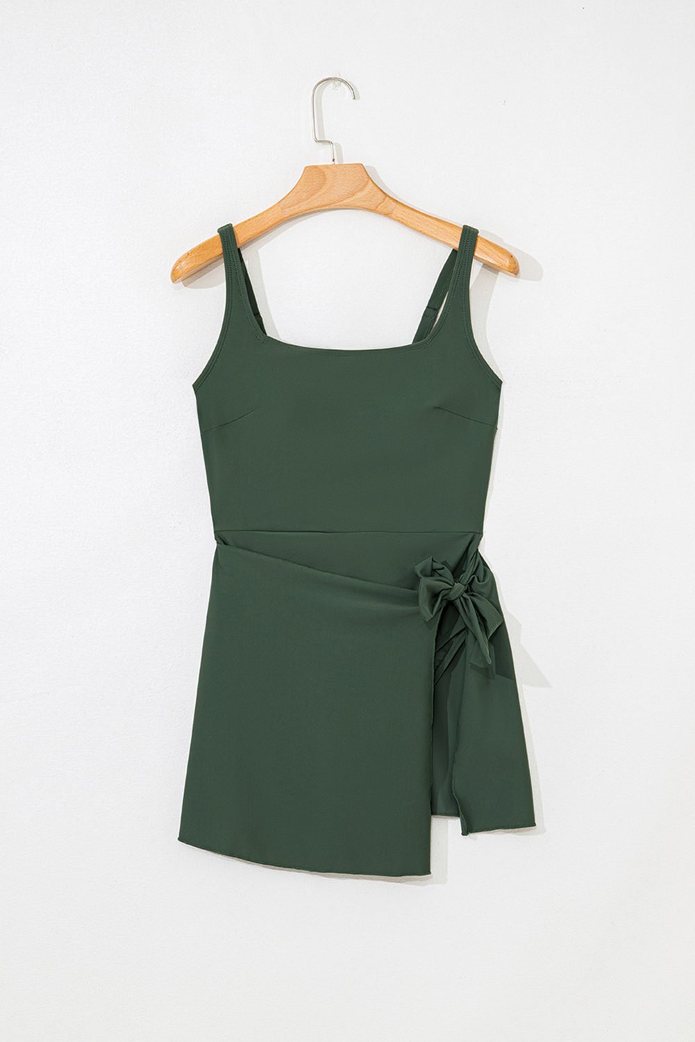 Mist Green Side Tied Waist Square Neck Adjustable Straps A-Line One Piece Swim Dress