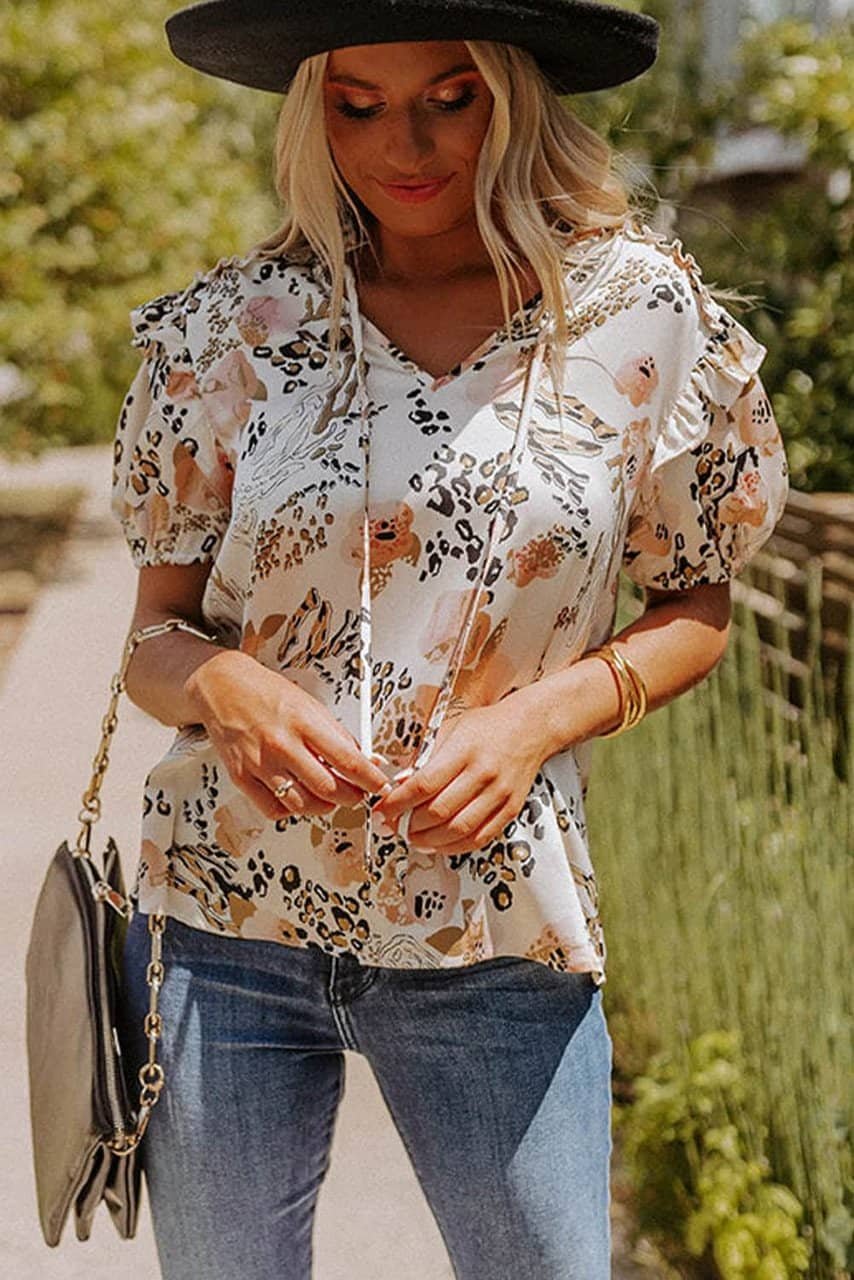 Gold Leopard Floral Print Split Neck Puff Sleeve Blouse