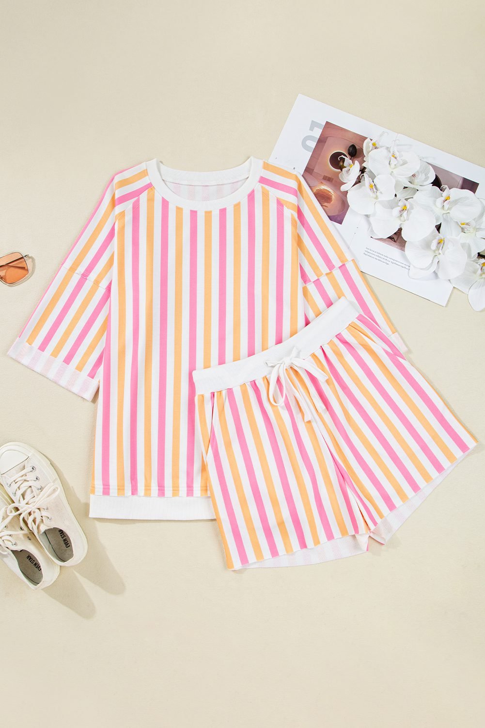 Pink Stripe Drop Shoulder Half Sleeve Loose Tee And Shorts Casual Set