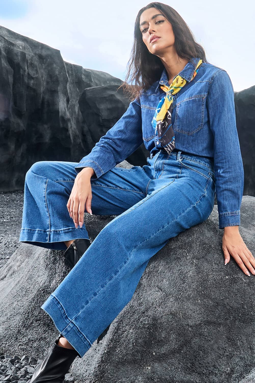 Dark Blue Plain Seam Detail Flared Bottom Ankle Length Jeans