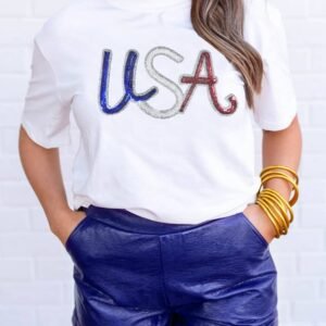 White Sequin Usa Graphic Crew Neck Patriotic Tee