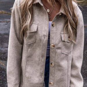 Light Grey Turn Down Collar Flap Pockets Buttoned Shacket
