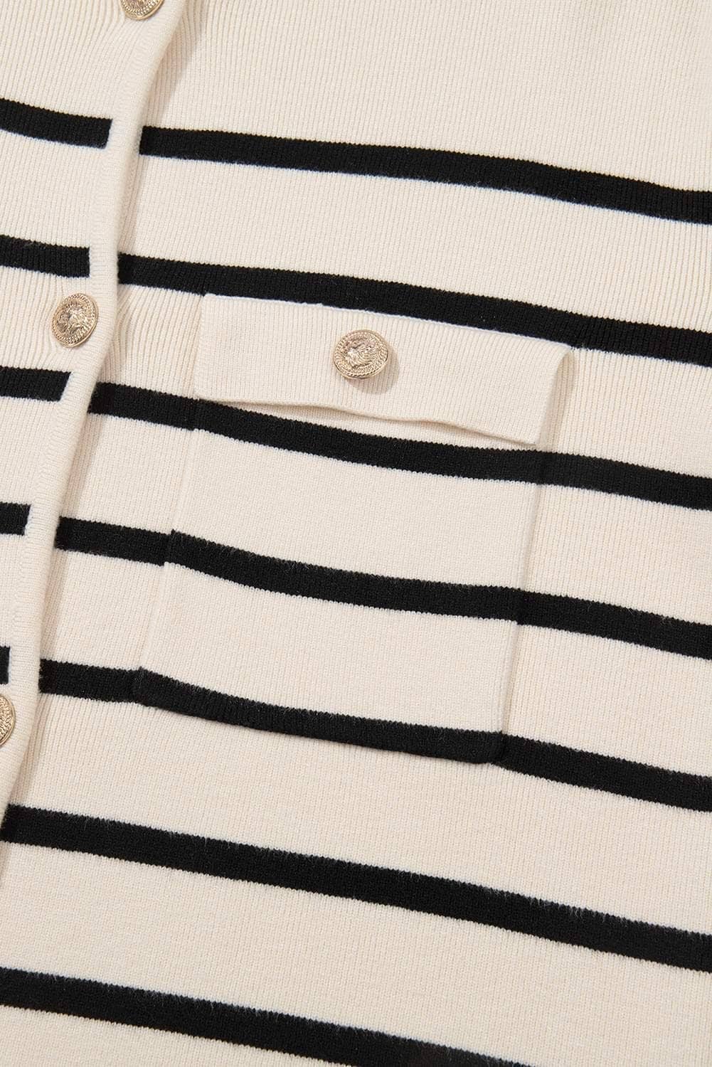 Black Stripe Flap Pocket Buttoned Cardigan Sweater