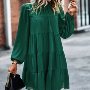 Green Puff Sleeve Mock Neck Back Knot Tiered Dress