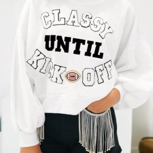 White Classy Until Kickoff Plush Letter Patched Loose Sweatshirt