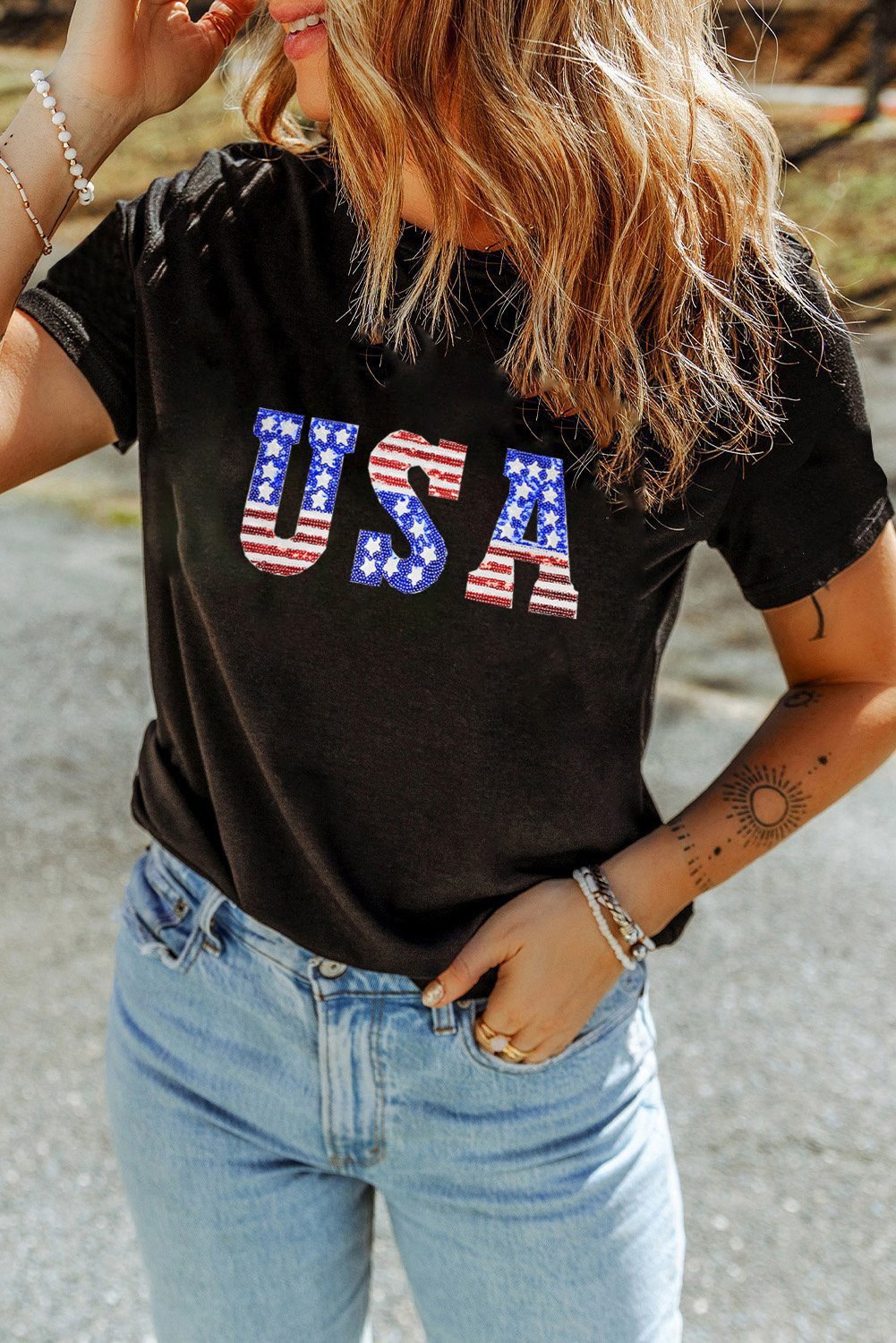 Black Usa Stars And Stripes Crew Neck Graphic Tee