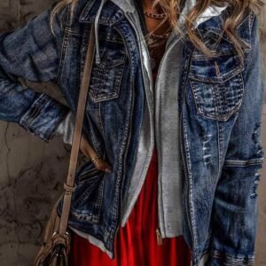 Dark Blue Fake Two-Piece Hooded Zip-Up Denim Jacket