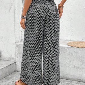 Black Bohemian Print Slit Wide Leg Smocked High Waist Pants