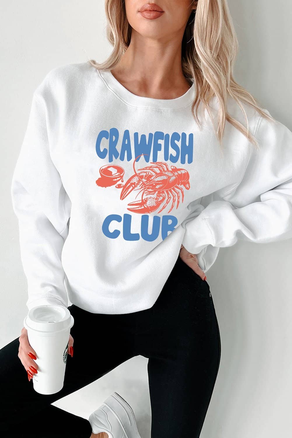 White Crawfish Club Printed Drop Shoulder Sweatshirt