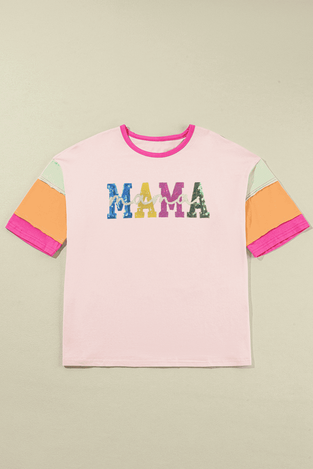 Pink Sequin Mama Letter Graphic Color Block Patchwork Sleeve Tee