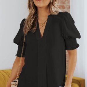 Black Solid Color Half Sleeve V Neck Blouse
