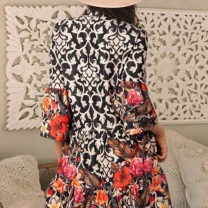 Black Retro Floral Mixed Print Split Neck A-Line Dress