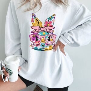 White Floral Rabbit With Glasses Graphic Corded Easter Sweatshirt