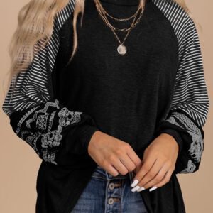 Black Contrast Print Striped Raglan Long Sleeve Loose Top