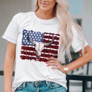 White Bull Skull American Flag Graphic Tee