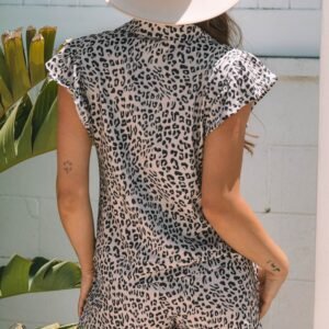 Brown Leopard Half Zipper Collared Ruffled Sleeve Top And Short Set