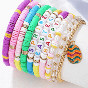 Gold Happy Easter Polymer Clay Beaded Bracelet