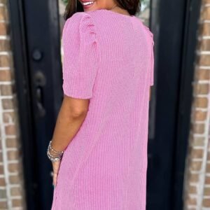 Bright Pink Corded Knit Crew Neck Puff Sleeve Shift Mini Dress