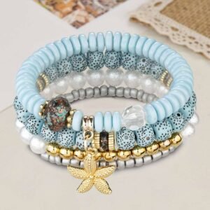 Light Blue 4Pcs Starfish Pendant Beaded Bracelet Set