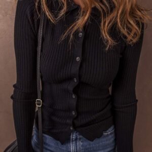 Black Ribbed Knit Collared Slim Fit Sweater Cardigan