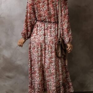 Brown Floral Print Split Front Tiered Frilled V Neck Midi Dress