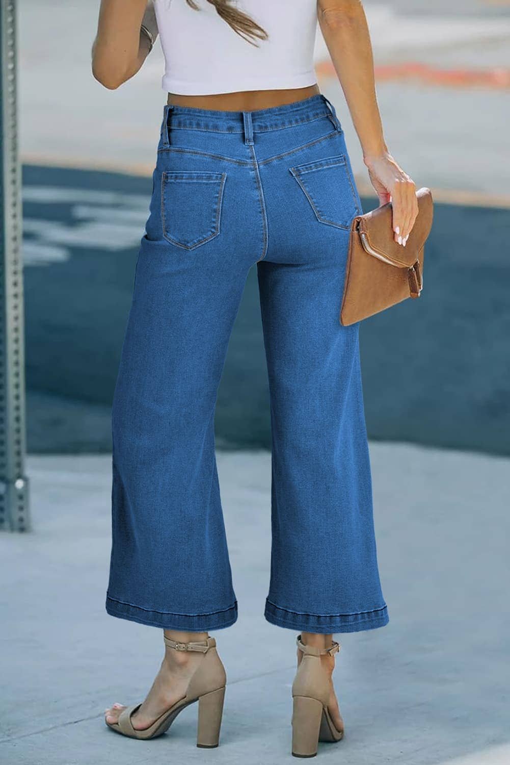 Dark Blue Plain Seam Detail Flared Bottom Ankle Length Jeans
