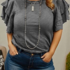 Dark Grey Double Ruffled Short Sleeve Plus Size Top