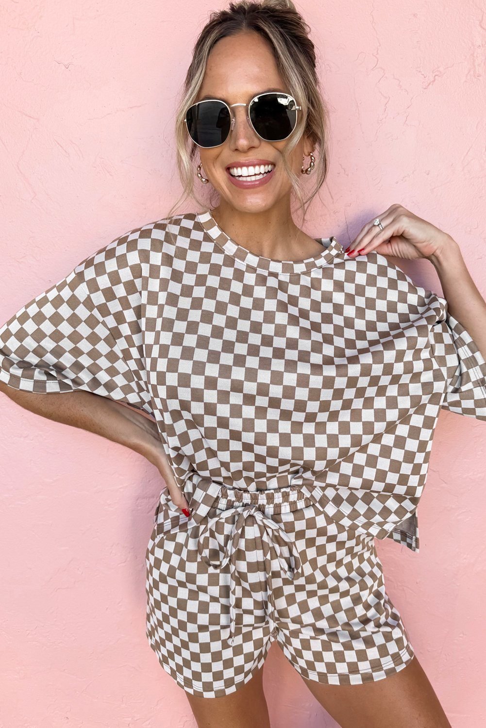Brown Checkered Top And Short Casual 2Pcs Set