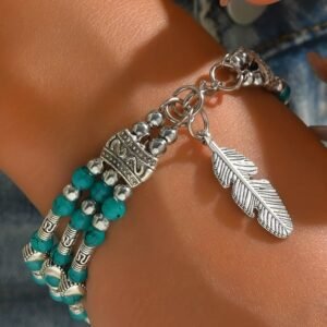 Green Boho Turquoise Beaded Geometric Carved Feather Bracelet