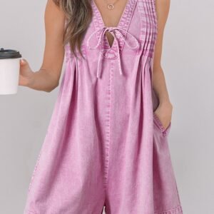 Bonbon Mineral Wash Pleated Bust V Neck Sleeveless Denim Romper