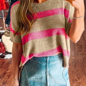 Pink Stripe Colorblock Short Sleeve Crew Neck Lightweight Sweater