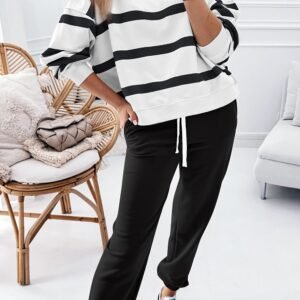 Black Stripe Drop Shoulder Pullover And Jogger Pants Set