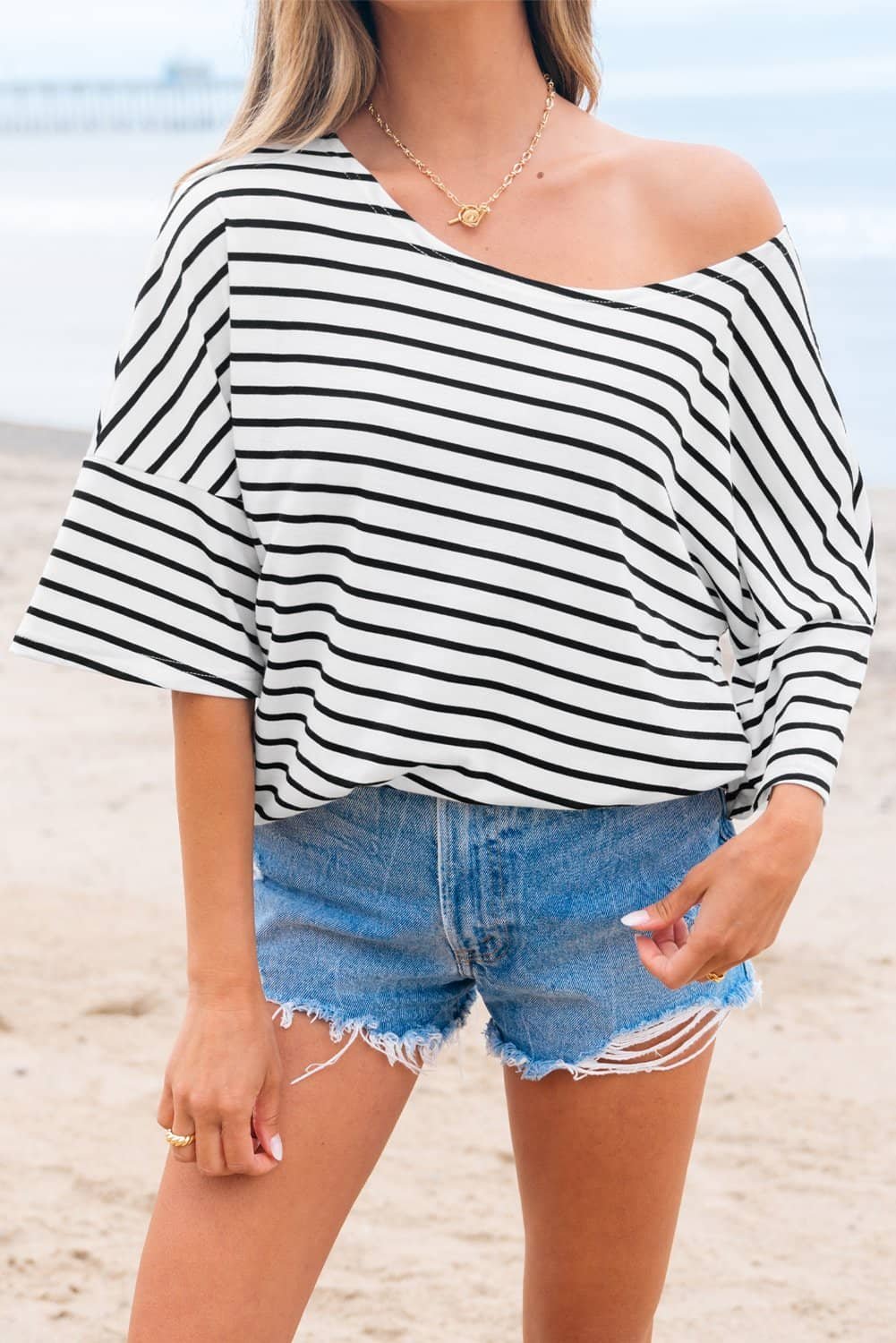 Black Stripe Half Sleeve Scoop Neck Loose Top