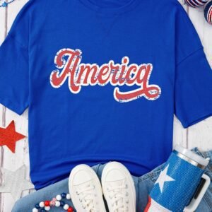 Dark Blue Contrast America Graphic Drop Shoulder Tee