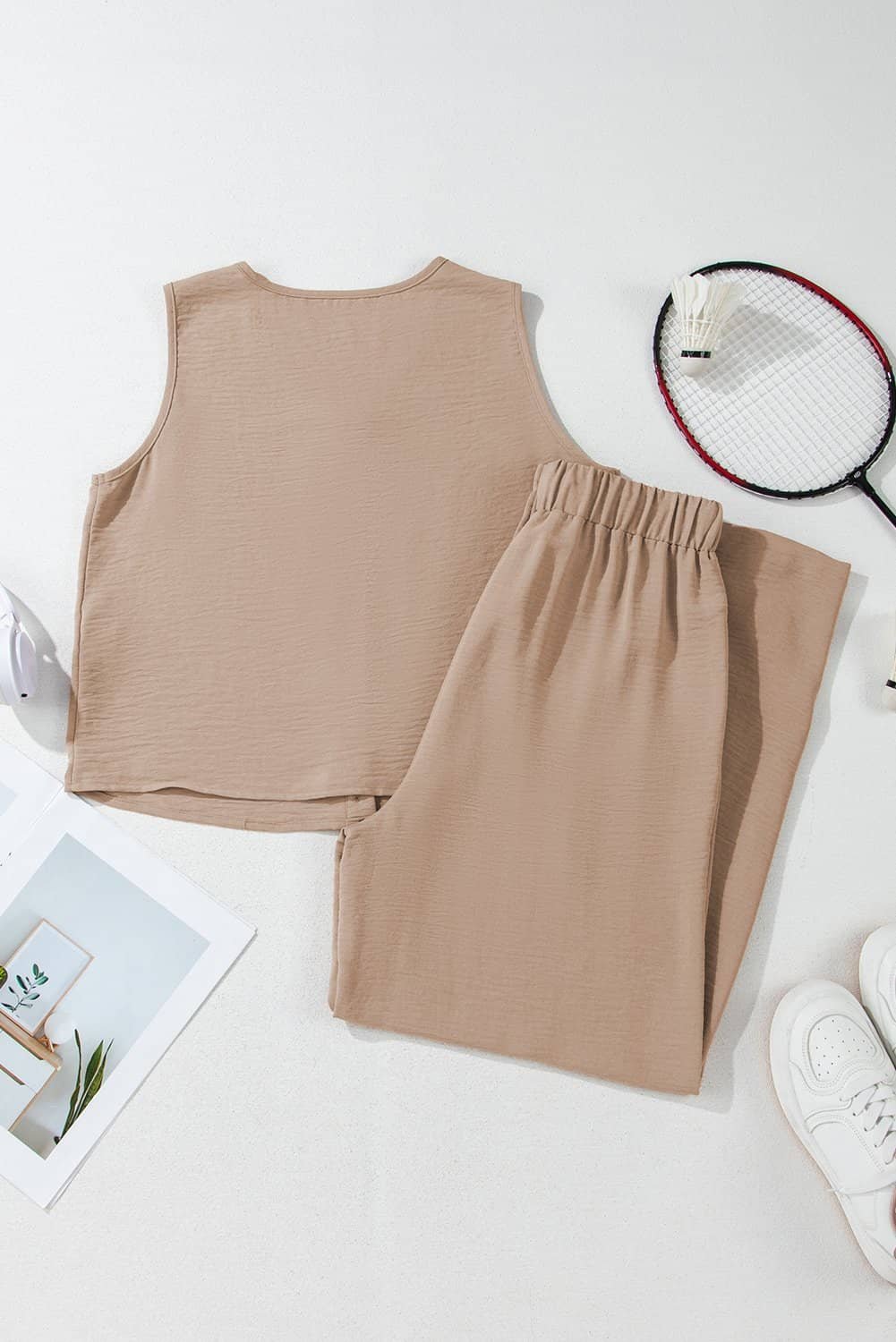 Goat Buttoned Vest Drawstring Wide Leg Pants 2Pcs Set