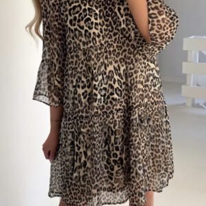 Khaki Leopard 3/4 Sleeve V Neck Swing Dress