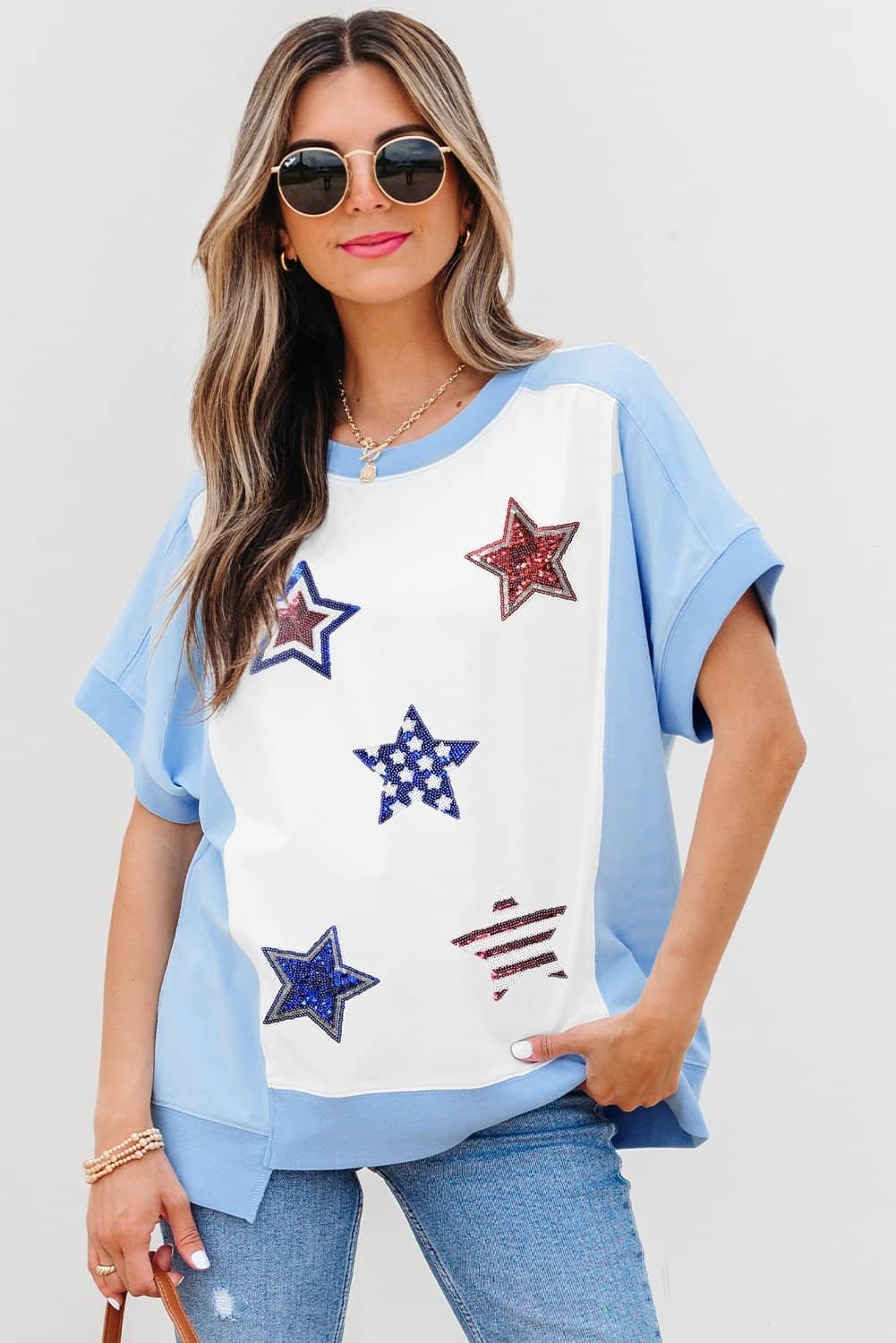 Sky Blue Patriotic Star Patched Colorblock T Shirt