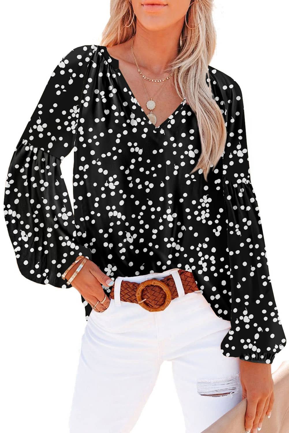 Black Floral Print V Neck Long Puff Sleeve Top