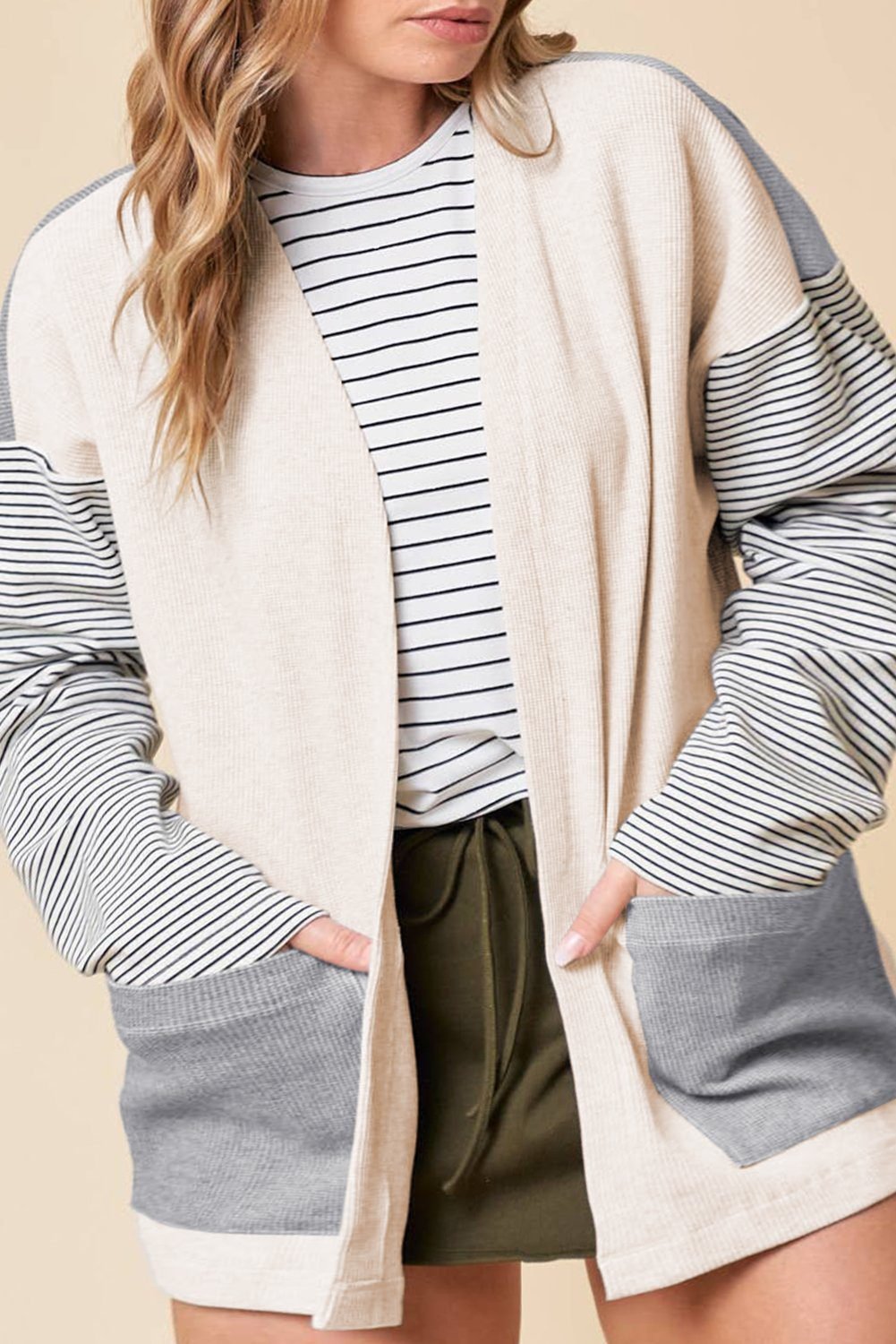 Black Stripe Colorblock Patchwork Open Front Cardigan With Pocket