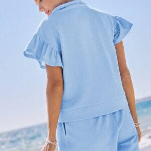 Beau Blue Ribbed Texture Half Zip Ruffled Short Sleeve Top And Shorts Set
