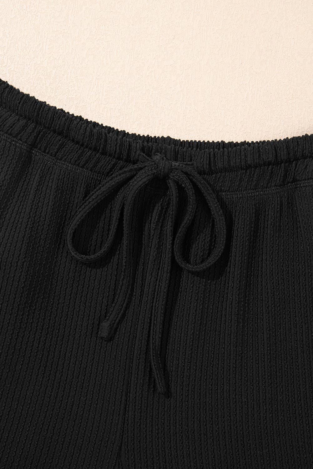 Black Solid Color Corded Short Sleeve Top And Casual Pants Set