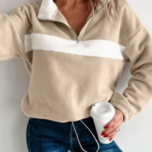 Parchment Fleece Colorblock Patchwork Zipped Neck Pullover Sweatshirt